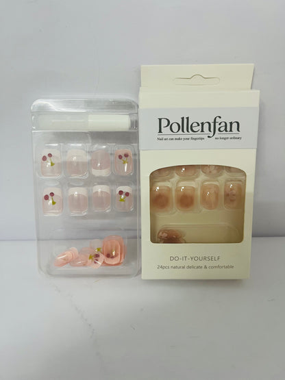 Pollenfan False nails Short Length Press on Nails, Artificial Acrylic Fake Nails for Women, 24PCS Full Cover Reusable False Nails Kits, White Flowers Nails Design, Glue on Nails Fake Nails for Nail Art