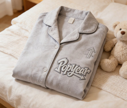 Popyear Light Gray Lapel Sleepwear Top, Soft Breathable Loungewear with Embroidery & Embossed Design, Casual Wearable Outside Single Piece Pajama Top