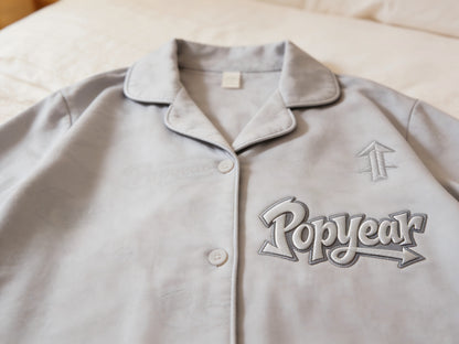 Popyear Light Gray Lapel Sleepwear Top, Soft Breathable Loungewear with Embroidery & Embossed Design, Casual Wearable Outside Single Piece Pajama Top