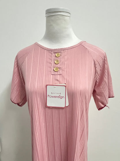 [Powereign T-shirts]——Powereign Misty Pink Striped Henley T-Shirt Dress - Effortless Loungewear & Day Dress