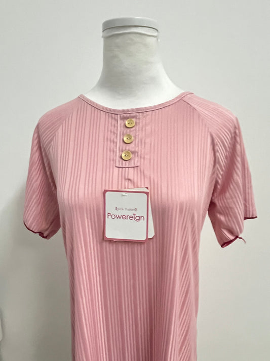 [Powereign T-shirts]——Powereign Misty Pink Striped Henley T-Shirt Dress - Effortless Loungewear & Day Dress