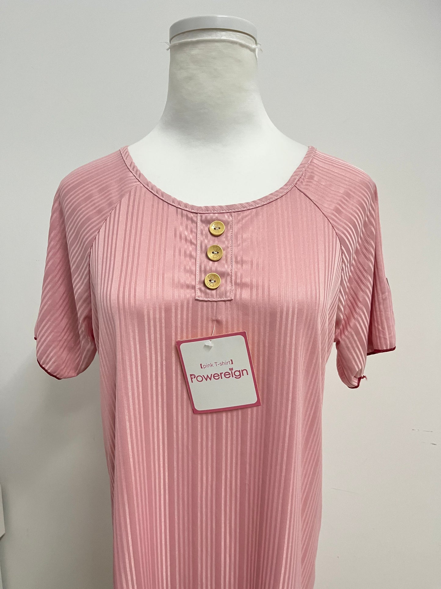 [Powereign T-shirts]——Powereign Misty Pink Striped Henley T-Shirt Dress - Effortless Loungewear & Day Dress