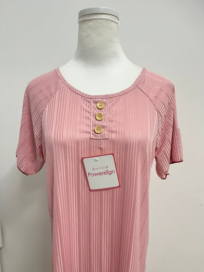 [Powereign T-shirts]——Powereign Misty Pink Striped Henley T-Shirt Dress - Effortless Loungewear & Day Dress