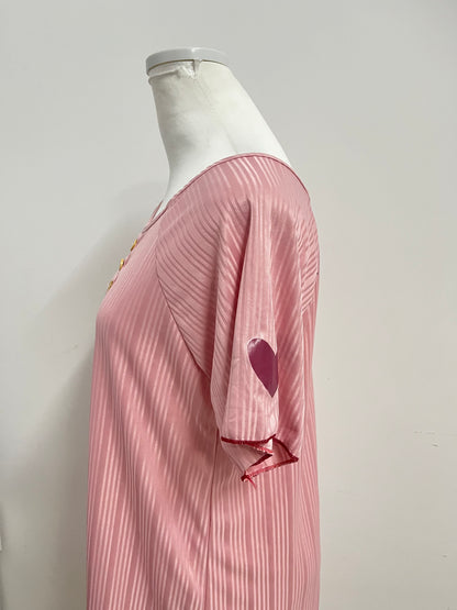 [Powereign T-shirts]——Powereign Misty Pink Striped Henley T-Shirt Dress - Effortless Loungewear & Day Dress