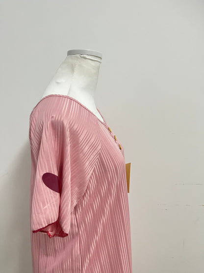 [Powereign T-shirts]——Powereign Misty Pink Striped Henley T-Shirt Dress - Effortless Loungewear & Day Dress