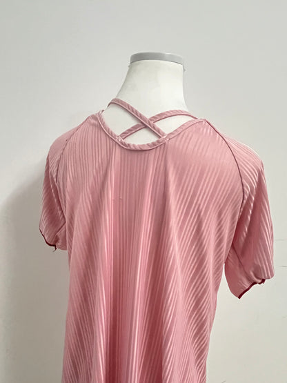 [Powereign T-shirts]——Powereign Misty Pink Striped Henley T-Shirt Dress - Effortless Loungewear & Day Dress