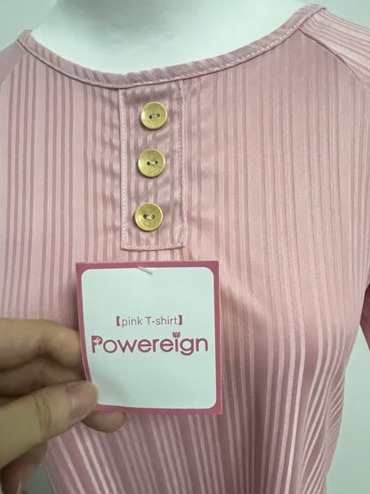 [Powereign T-shirts]——Powereign Misty Pink Striped Henley T-Shirt Dress - Effortless Loungewear & Day Dress