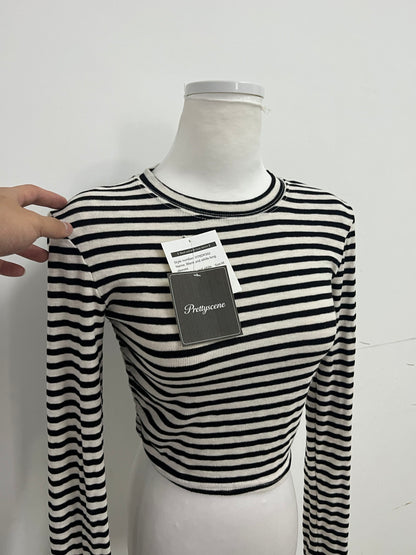 Prettyscene Slim-Fit Striped Tops as clothing - Long-Sleeve Crop Top for Daily Wear
