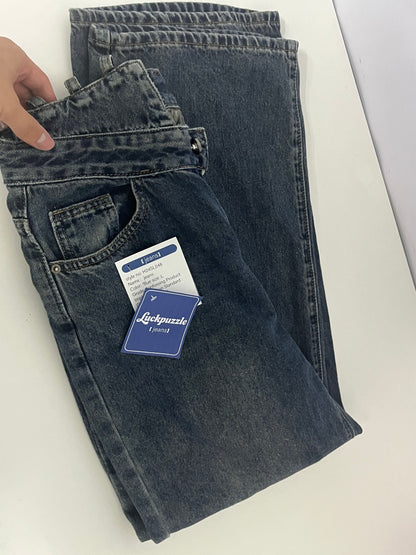 [Luckpuzzle Jeans]——Luckpuzzle Vintage Washed High-Waisted Wide-Leg Jeans - Slimming & Draped Floor-Length Denim