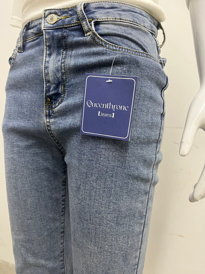 [Queenthrone Jeans]——High-Waist Cropped Flare Jeans - Slim-Fit Stretch Raw Hem jeans