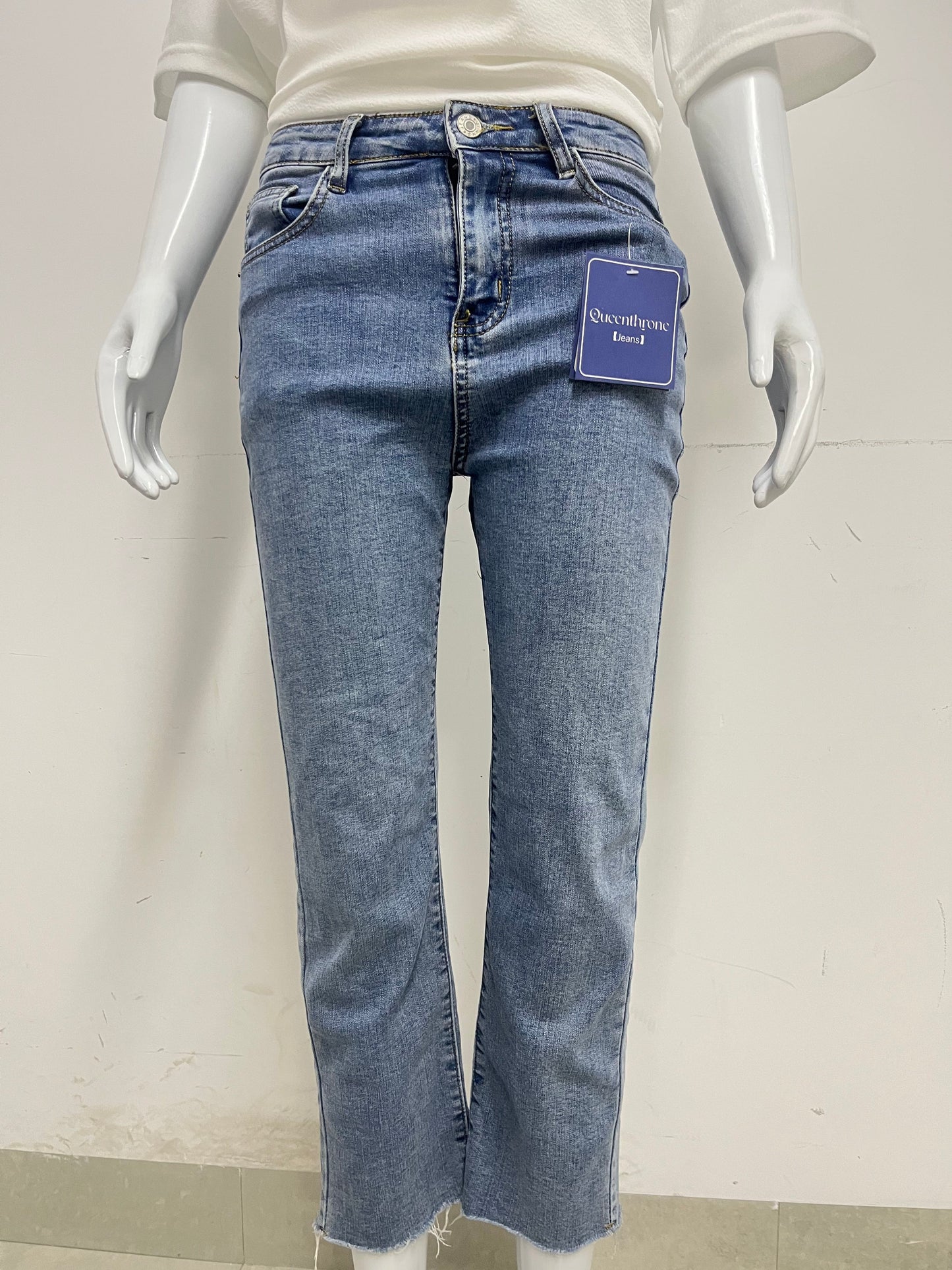 [Queenthrone Jeans]——High-Waist Cropped Flare Jeans - Slim-Fit Stretch Raw Hem jeans