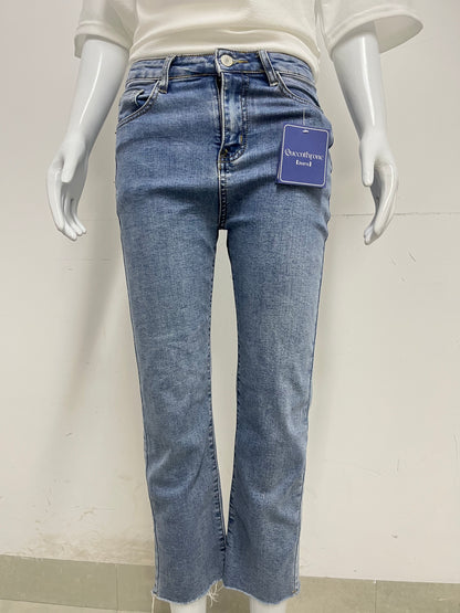 [Queenthrone Jeans]——High-Waist Cropped Flare Jeans - Slim-Fit Stretch Raw Hem jeans