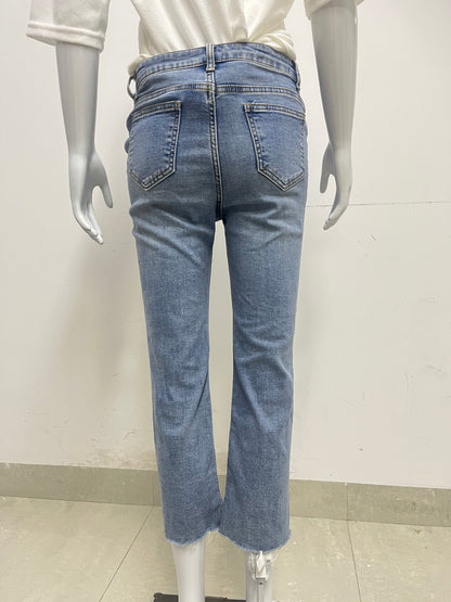 [Queenthrone Jeans]——High-Waist Cropped Flare Jeans - Slim-Fit Stretch Raw Hem jeans