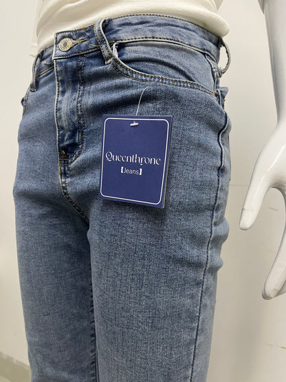 [Queenthrone Jeans]——High-Waist Cropped Flare Jeans - Slim-Fit Stretch Raw Hem jeans