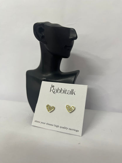 Rabbitalk Heart Stud Earrings 24K Gold Plated Clear Cubic Zirconia CZ Jewelry