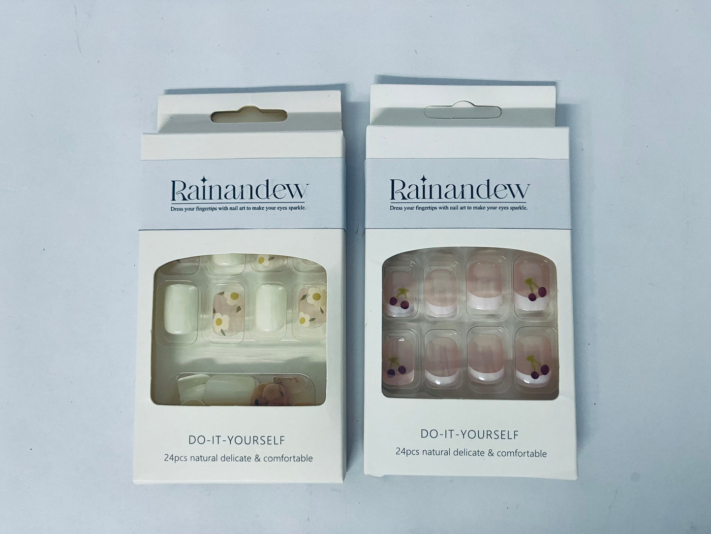 Rainandew Cherry Press on Nails Short Square Fake Nails Flower False Nails Floral Glossy Full Cover Acrylic Nails Light Pink Glue on Nails Artificial Cute Stick on Nails Summer Nails for Women Manicure 24Pcs