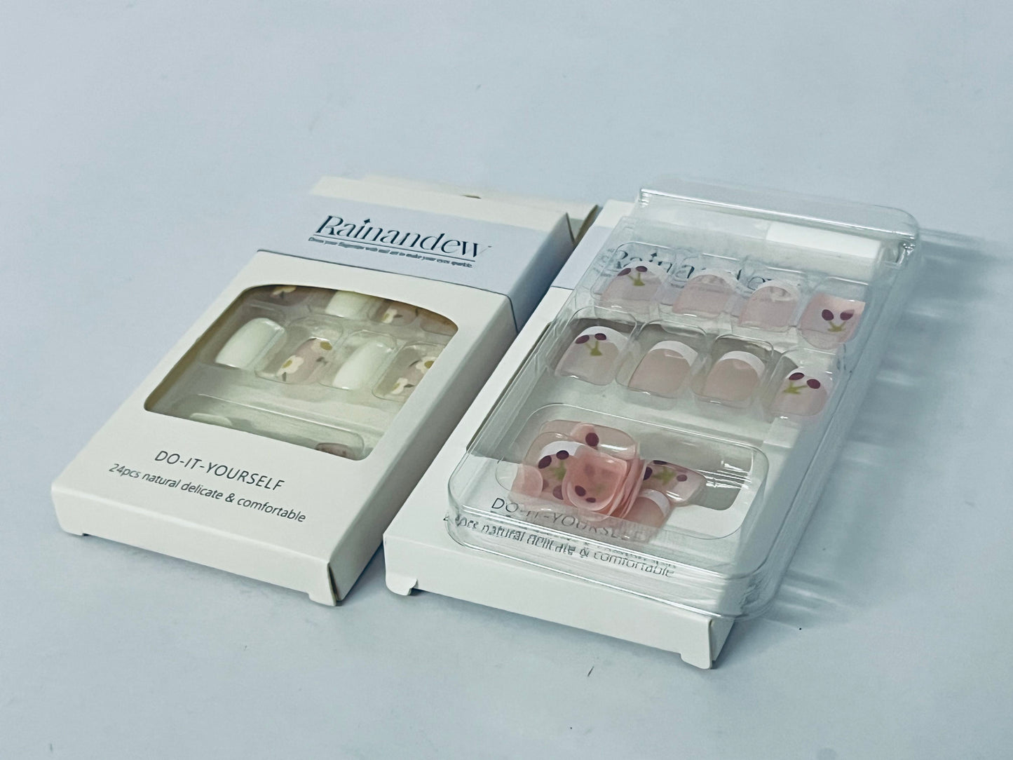 Rainandew Cherry Press on Nails Short Square Fake Nails Flower False Nails Floral Glossy Full Cover Acrylic Nails Light Pink Glue on Nails Artificial Cute Stick on Nails Summer Nails for Women Manicure 24Pcs