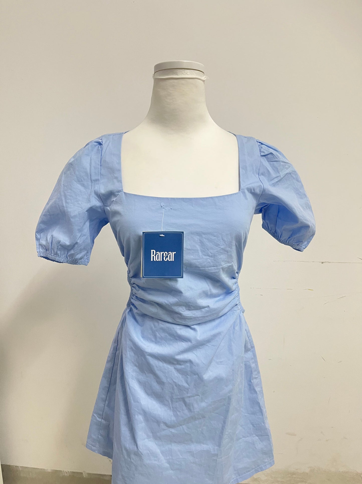 Rarear Light Blue 100% Cotton Square Neck Dress - Puff Sleeve Waist-Cinched Slim-Fit Elegant Mini Dress