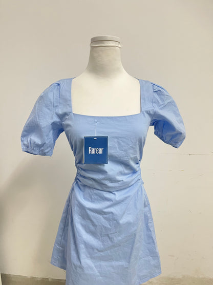 Rarear Light Blue 100% Cotton Square Neck Dress - Puff Sleeve Waist-Cinched Slim-Fit Elegant Mini Dress