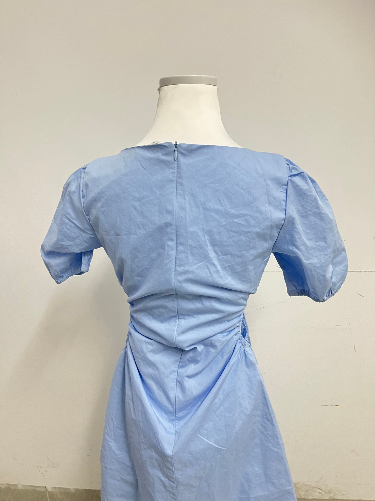 Rarear Light Blue 100% Cotton Square Neck Dress - Puff Sleeve Waist-Cinched Slim-Fit Elegant Mini Dress