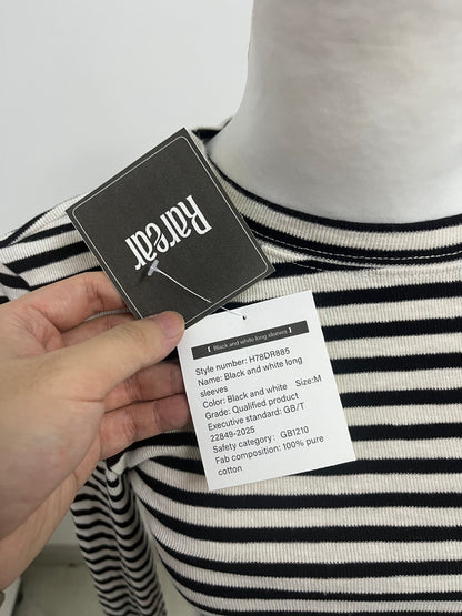 Rarear 100% Cotton Black & White Striped Cold-Shoulder Long-Sleeve Top - Stylish Drawstring Cropped Slim-Fit