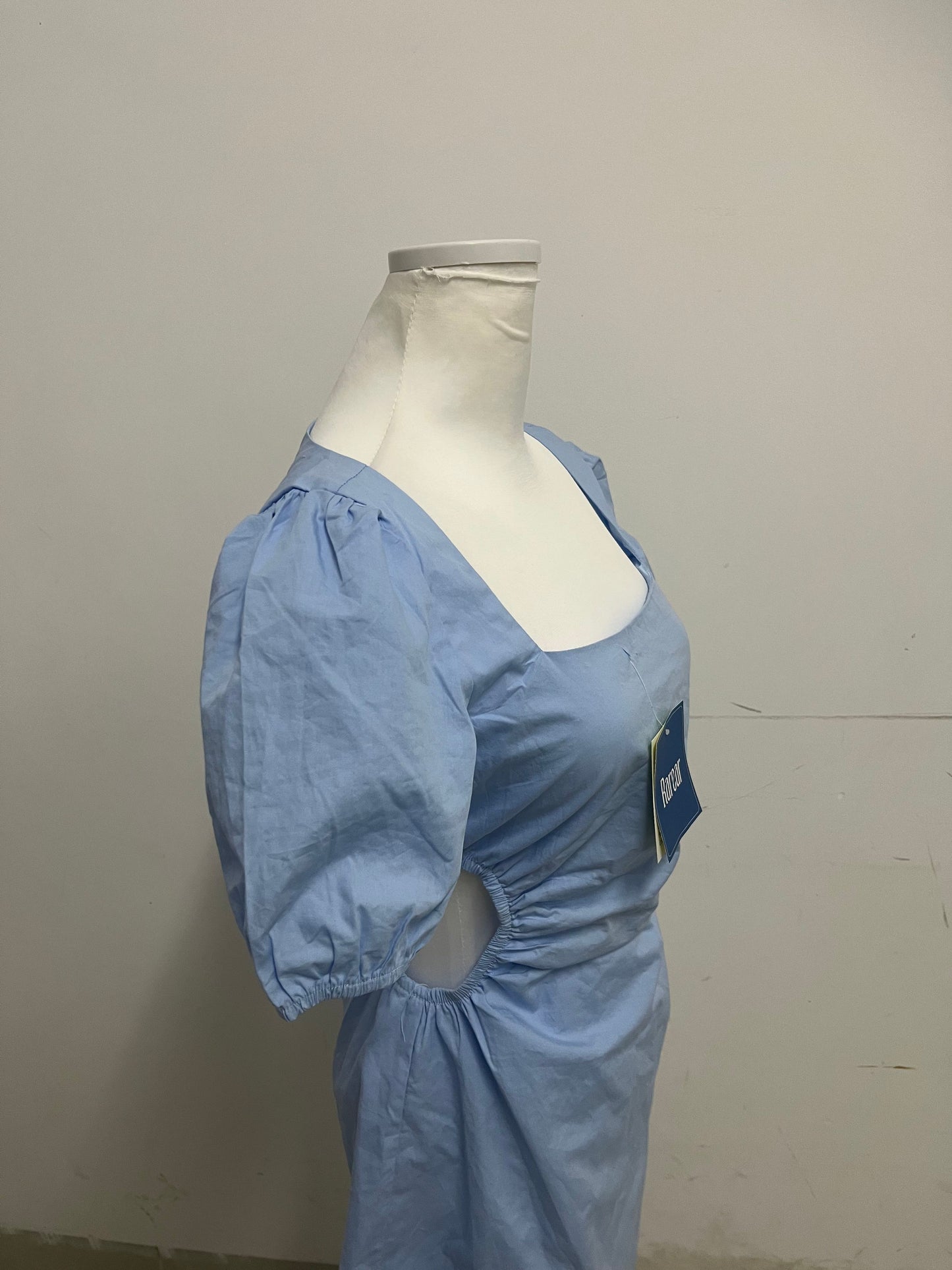 Rarear Light Blue 100% Cotton Square Neck Dress - Puff Sleeve Waist-Cinched Slim-Fit Elegant Mini Dress