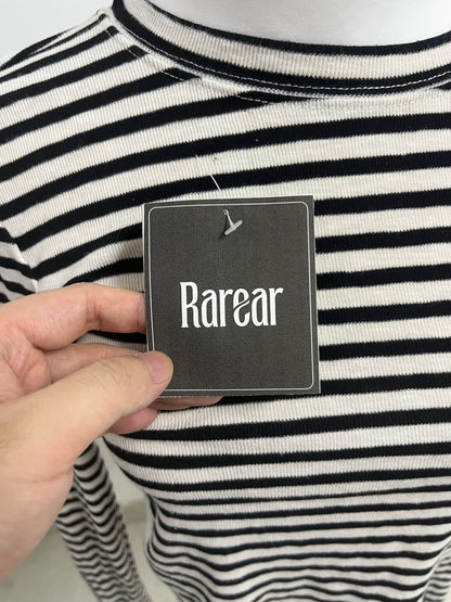 Rarear 100% Cotton Black & White Striped Cold-Shoulder Long-Sleeve Top - Stylish Drawstring Cropped Slim-Fit