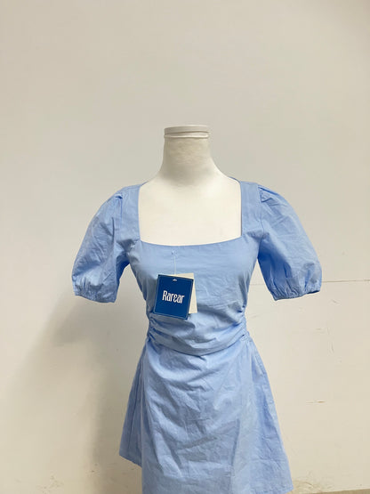 Rarear Light Blue 100% Cotton Square Neck Dress - Puff Sleeve Waist-Cinched Slim-Fit Elegant Mini Dress