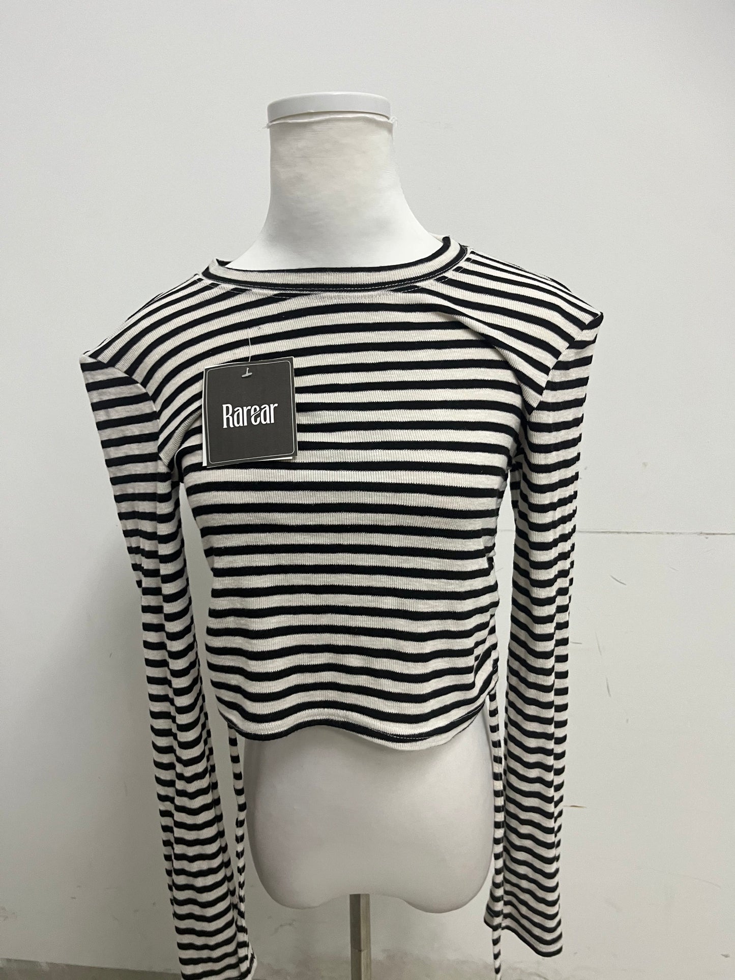 Rarear 100% Cotton Black & White Striped Cold-Shoulder Long-Sleeve Top - Stylish Drawstring Cropped Slim-Fit