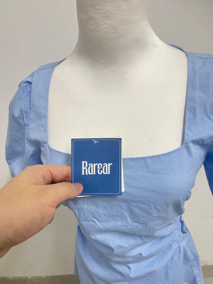 Rarear Light Blue 100% Cotton Square Neck Dress - Puff Sleeve Waist-Cinched Slim-Fit Elegant Mini Dress