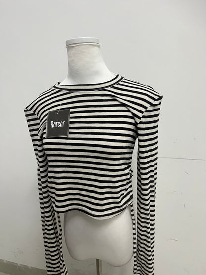 Rarear 100% Cotton Black & White Striped Cold-Shoulder Long-Sleeve Top - Stylish Drawstring Cropped Slim-Fit
