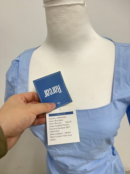 Rarear Light Blue 100% Cotton Square Neck Dress - Puff Sleeve Waist-Cinched Slim-Fit Elegant Mini Dress