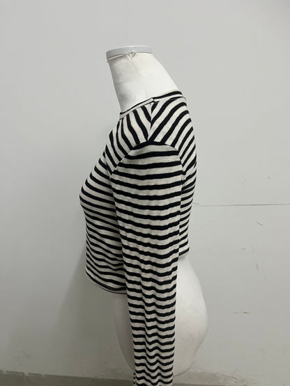 Rarear 100% Cotton Black & White Striped Cold-Shoulder Long-Sleeve Top - Stylish Drawstring Cropped Slim-Fit