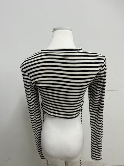 Rarear 100% Cotton Black & White Striped Cold-Shoulder Long-Sleeve Top - Stylish Drawstring Cropped Slim-Fit