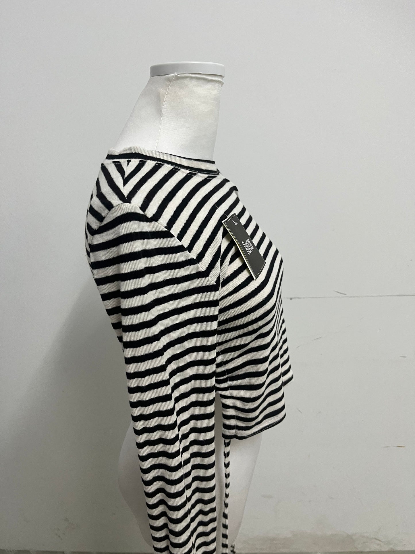 Rarear 100% Cotton Black & White Striped Cold-Shoulder Long-Sleeve Top - Stylish Drawstring Cropped Slim-Fit