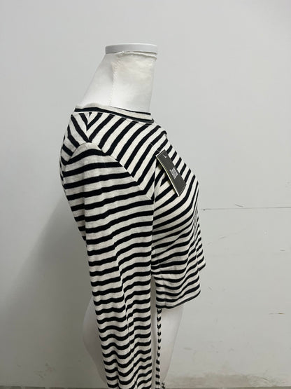 Rarear 100% Cotton Black & White Striped Cold-Shoulder Long-Sleeve Top - Stylish Drawstring Cropped Slim-Fit