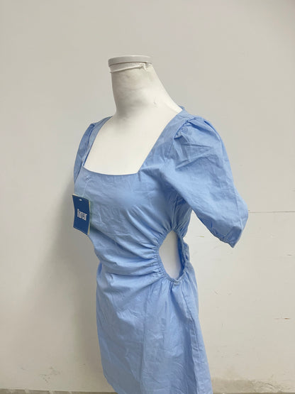 Rarear Light Blue 100% Cotton Square Neck Dress - Puff Sleeve Waist-Cinched Slim-Fit Elegant Mini Dress