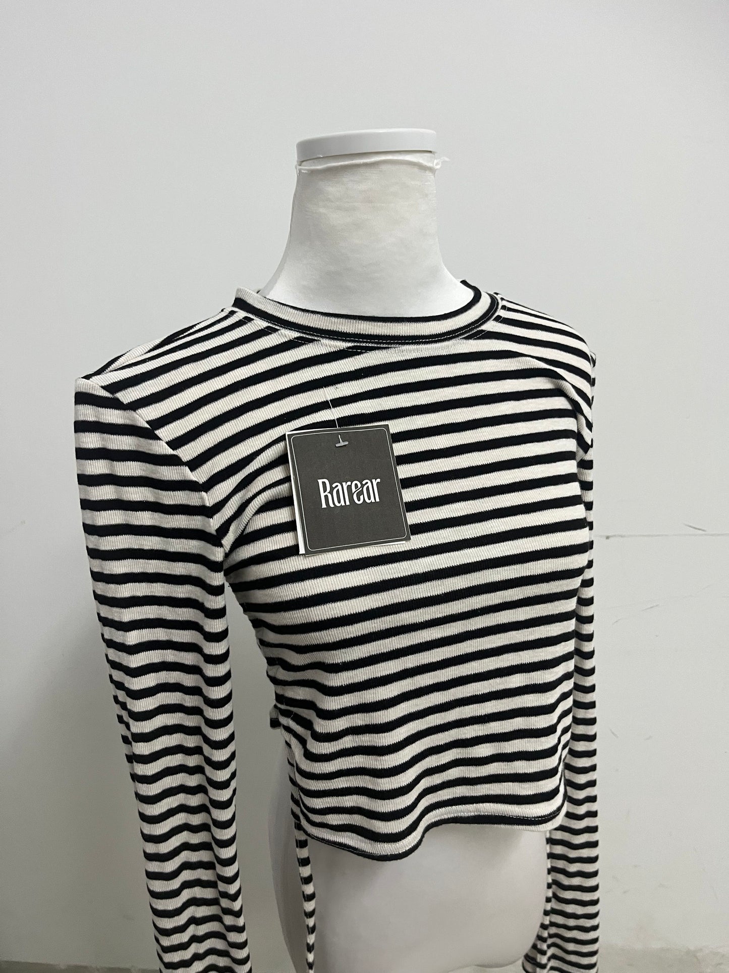 Rarear 100% Cotton Black & White Striped Cold-Shoulder Long-Sleeve Top - Stylish Drawstring Cropped Slim-Fit