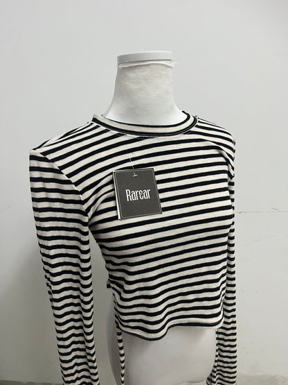 Rarear 100% Cotton Black & White Striped Cold-Shoulder Long-Sleeve Top - Stylish Drawstring Cropped Slim-Fit