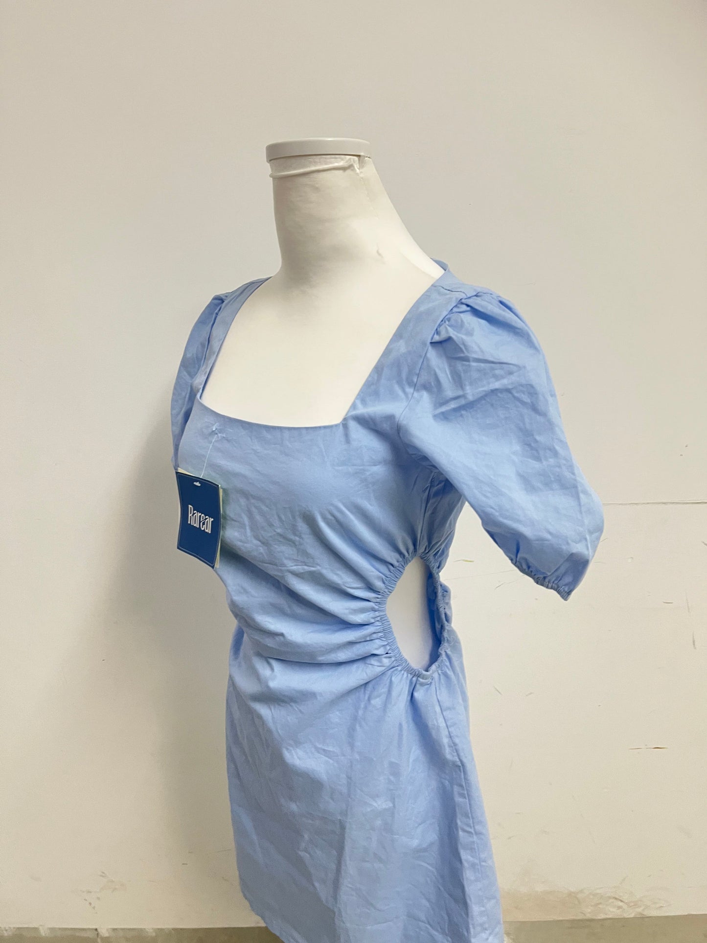 Rarear Light Blue 100% Cotton Square Neck Dress - Puff Sleeve Waist-Cinched Slim-Fit Elegant Mini Dress