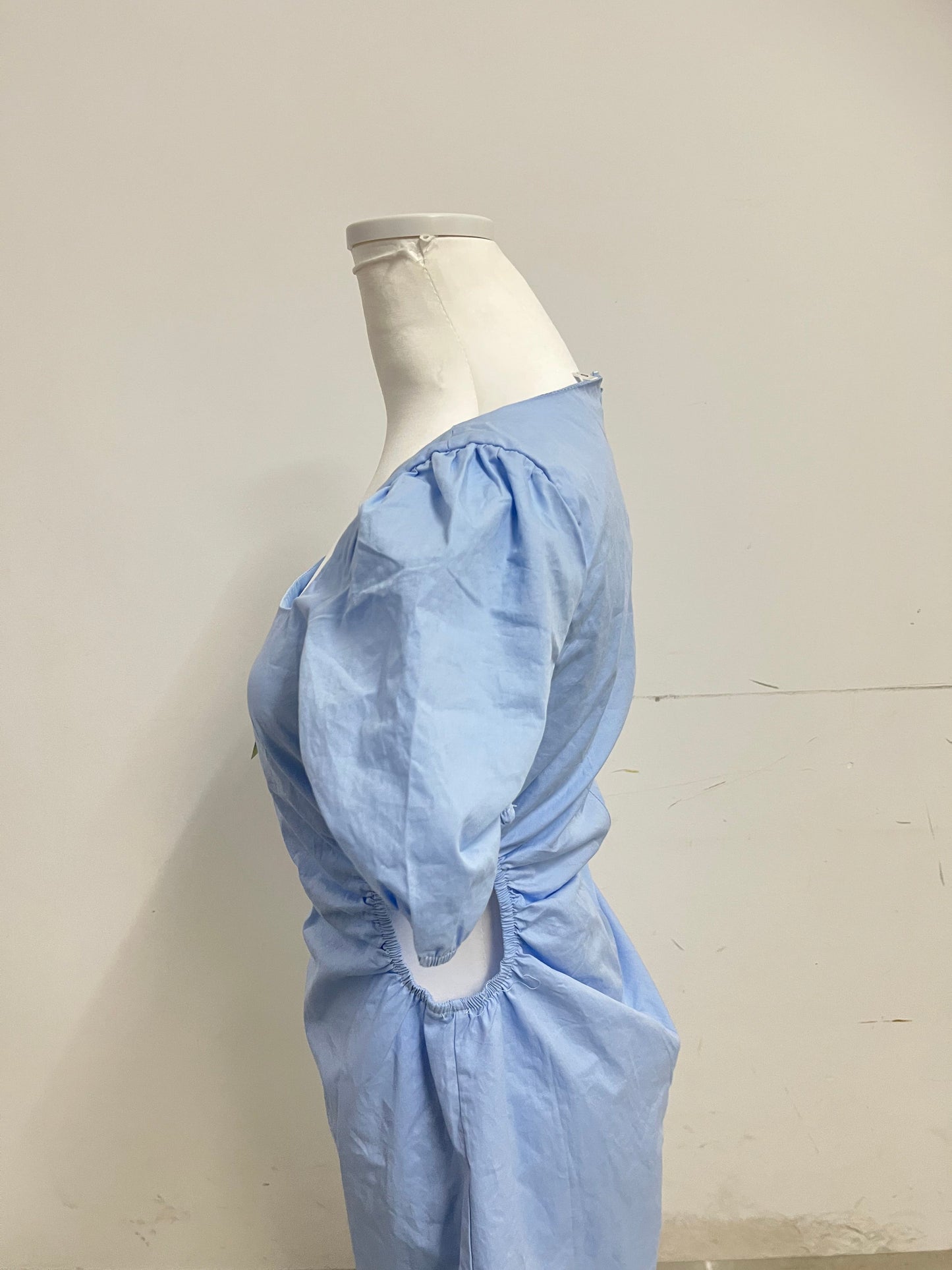 Rarear Light Blue 100% Cotton Square Neck Dress - Puff Sleeve Waist-Cinched Slim-Fit Elegant Mini Dress