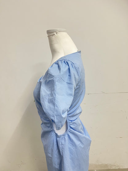 Rarear Light Blue 100% Cotton Square Neck Dress - Puff Sleeve Waist-Cinched Slim-Fit Elegant Mini Dress