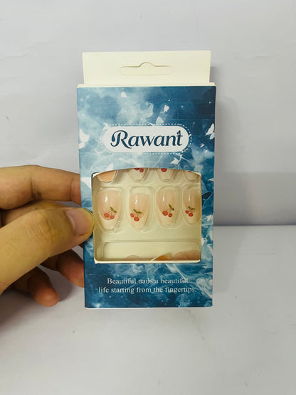 Rawant White French Tip Press on Nails Almond Medium Fake Nails with Cherry Designs Nude Full Cover Glue on Nails Acrylic False Nails Press ons Glossy Stick on Nails for Women Girls 24 Pcs