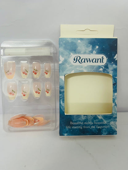 Rawant White French Tip Press on Nails Almond Medium Fake Nails with Cherry Designs Nude Full Cover Glue on Nails Acrylic False Nails Press ons Glossy Stick on Nails for Women Girls 24 Pcs