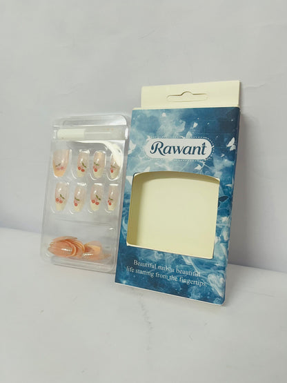Rawant White French Tip Press on Nails Almond Medium Fake Nails with Cherry Designs Nude Full Cover Glue on Nails Acrylic False Nails Press ons Glossy Stick on Nails for Women Girls 24 Pcs