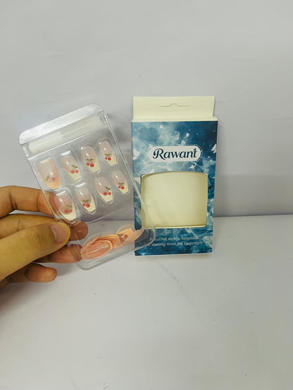 Rawant White French Tip Press on Nails Almond Medium Fake Nails with Cherry Designs Nude Full Cover Glue on Nails Acrylic False Nails Press ons Glossy Stick on Nails for Women Girls 24 Pcs