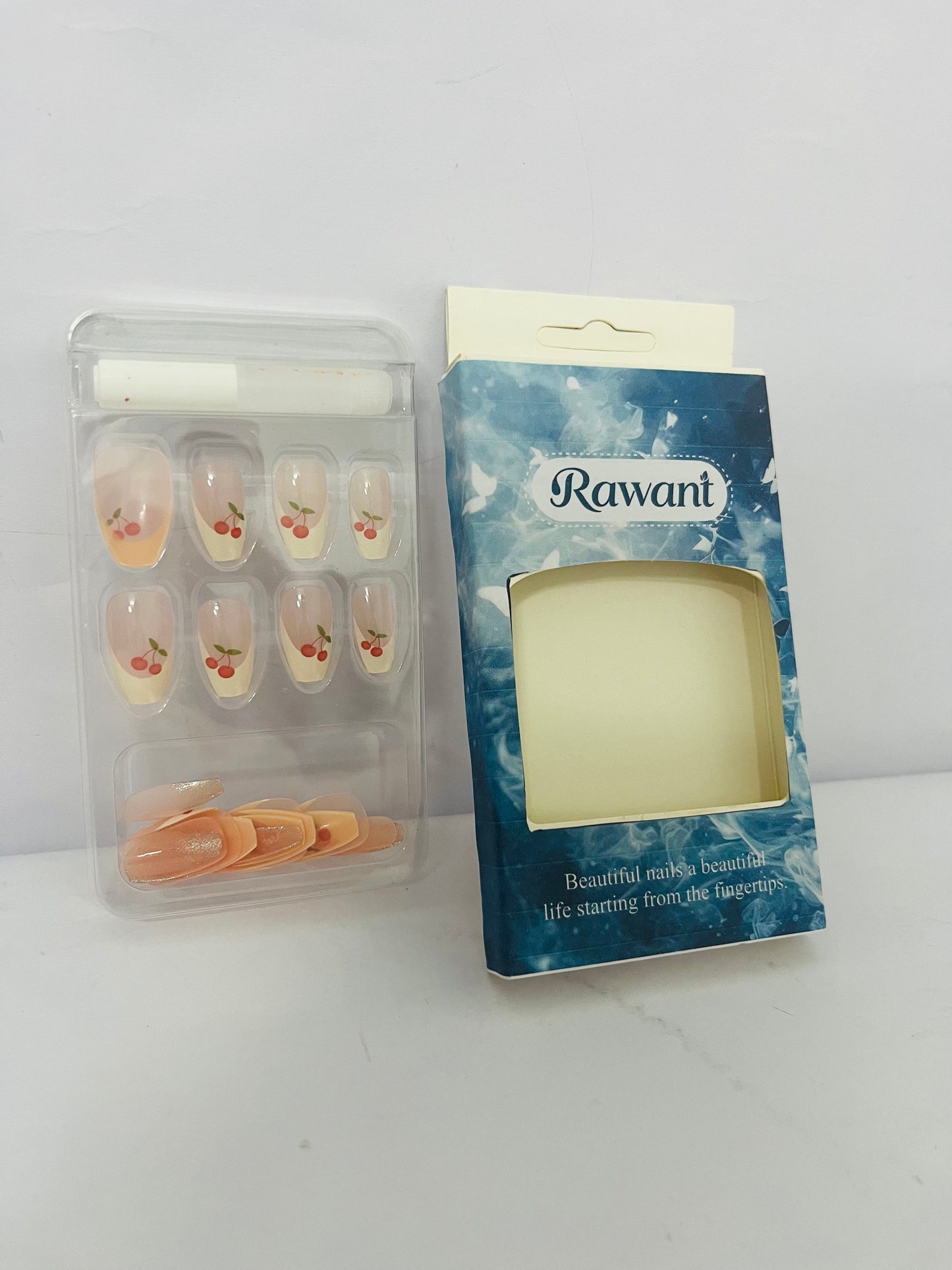Rawant White French Tip Press on Nails Almond Medium Fake Nails with Cherry Designs Nude Full Cover Glue on Nails Acrylic False Nails Press ons Glossy Stick on Nails for Women Girls 24 Pcs
