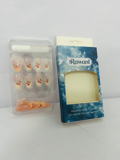 Rawant White French Tip Press on Nails Almond Medium Fake Nails with Cherry Designs Nude Full Cover Glue on Nails Acrylic False Nails Press ons Glossy Stick on Nails for Women Girls 24 Pcs