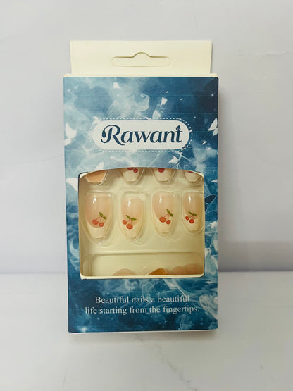 Rawant White French Tip Press on Nails Almond Medium Fake Nails with Cherry Designs Nude Full Cover Glue on Nails Acrylic False Nails Press ons Glossy Stick on Nails for Women Girls 24 Pcs