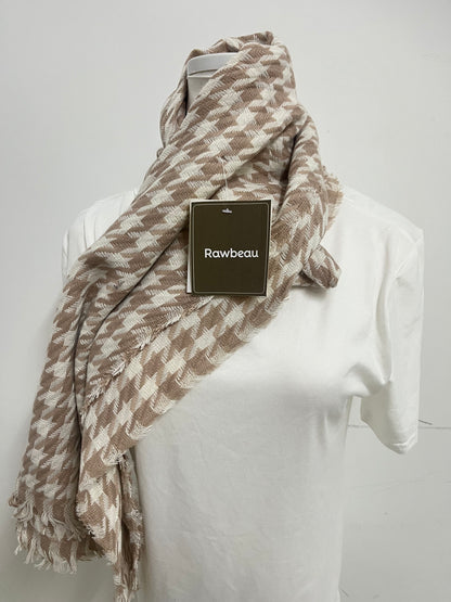 Rawbeau Scarf - Beige & White Houndstooth, Soft Textured Weave